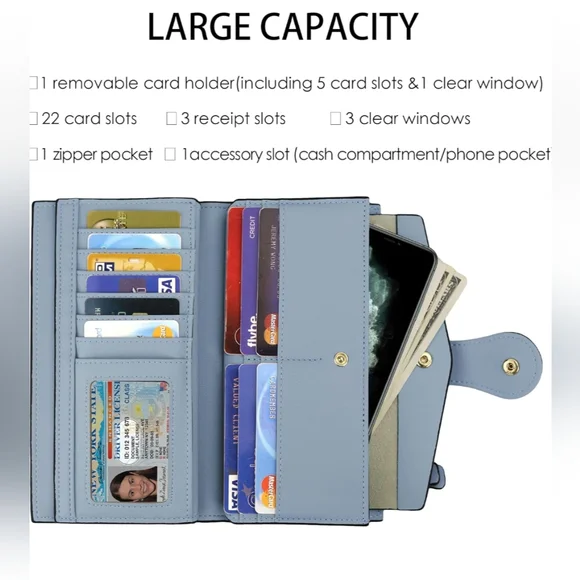 Leather. Stylish Blue Wallet with Gold Accent. Large capacity - Picture 4 of 8